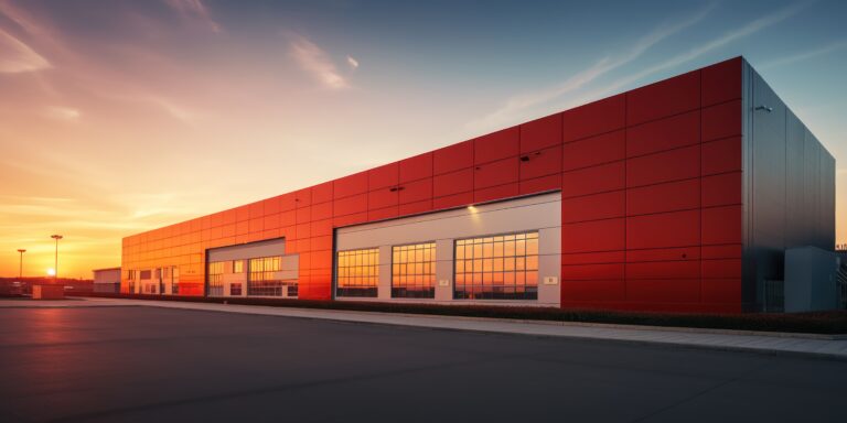 Modern warehouse bathed in the glow of the setting sun
